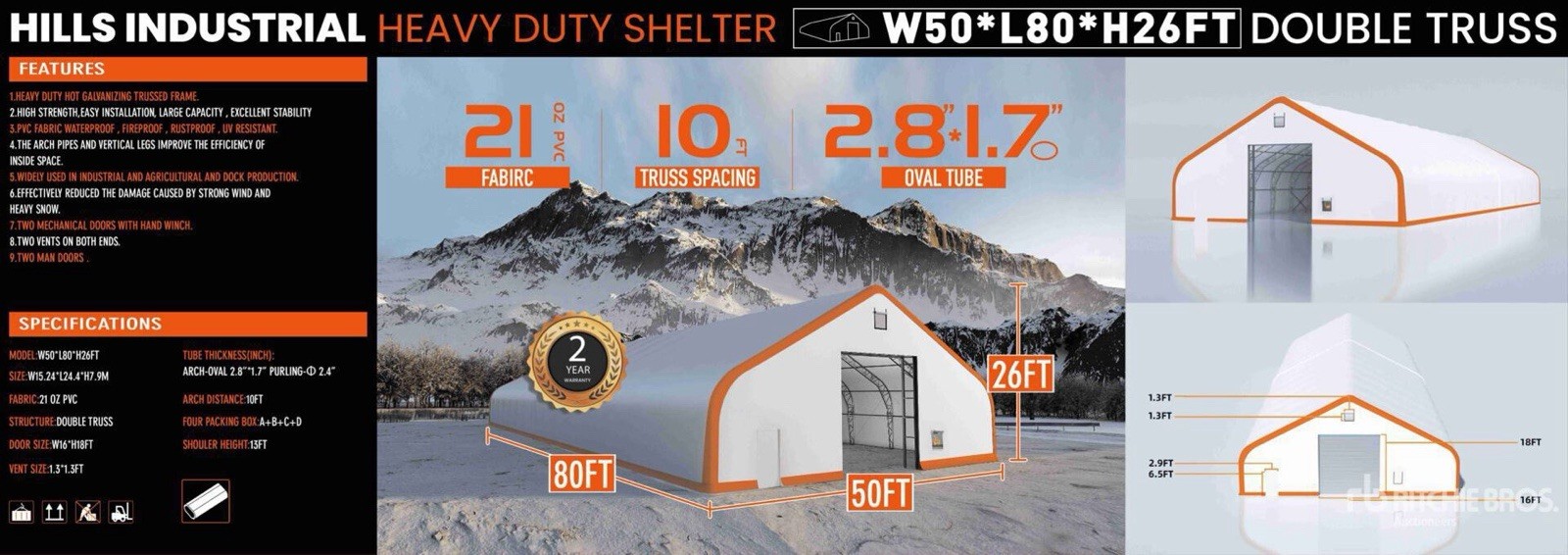 50x80x26 DUAL TRUSS *21oz PVC* Canvas Fabric Storage Building Shelter Barn Shop