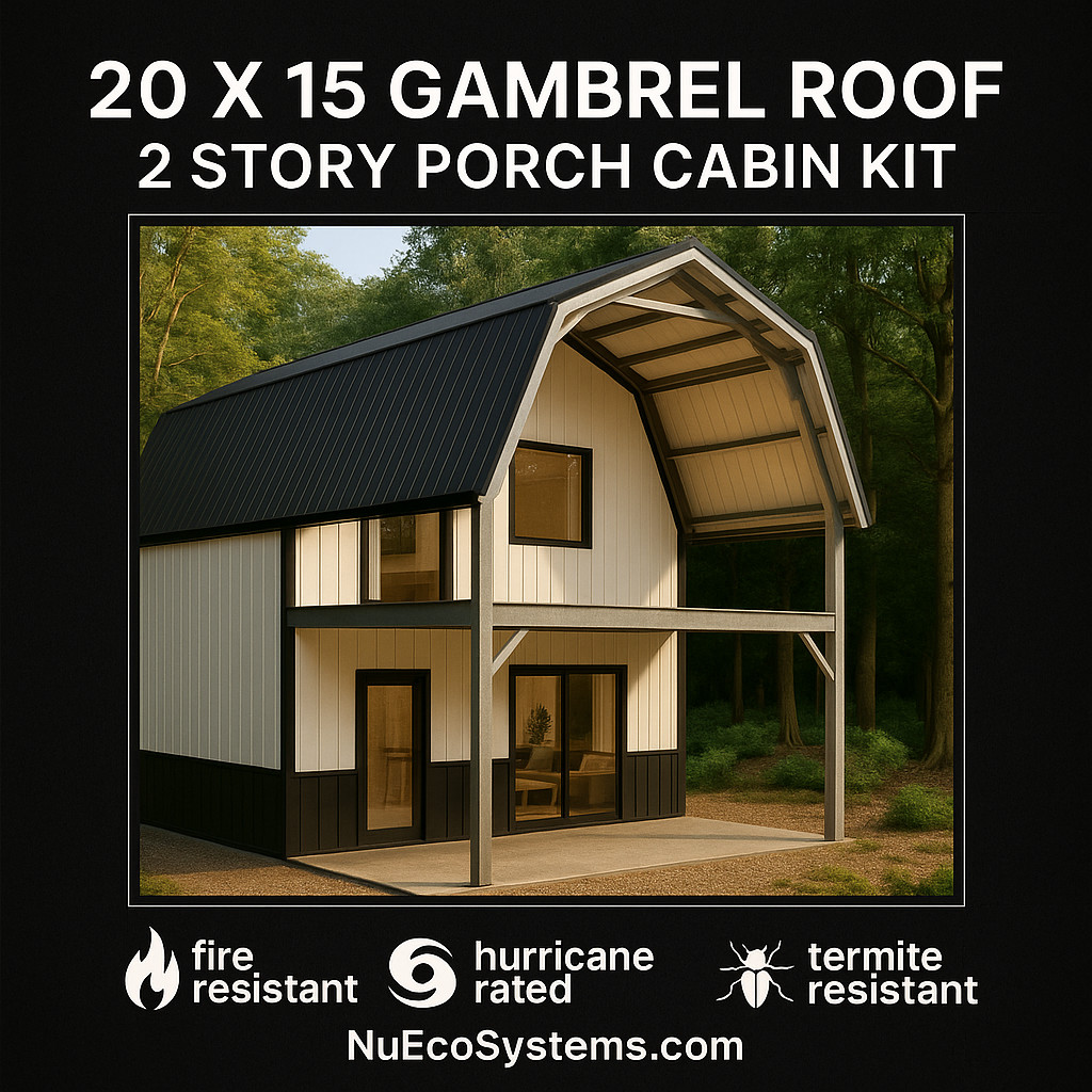 Easy and Affordable to Build 15 x 20 Gambrel Roof Cabin Kit, Made from Hurricane