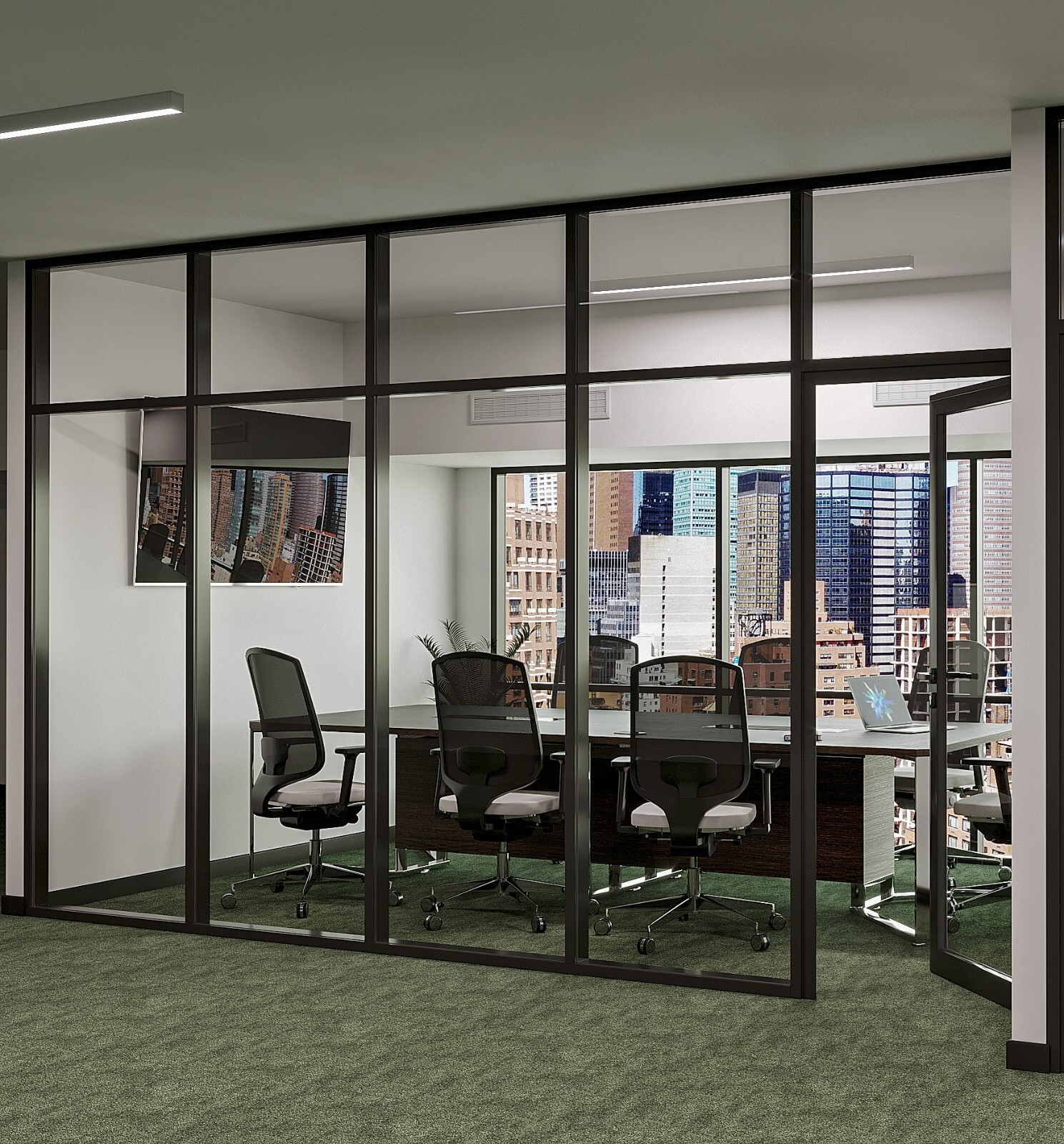 CGP Office Partition System, Glass Aluminum Wall 16′ x 9′ w/Door, Black Painted
