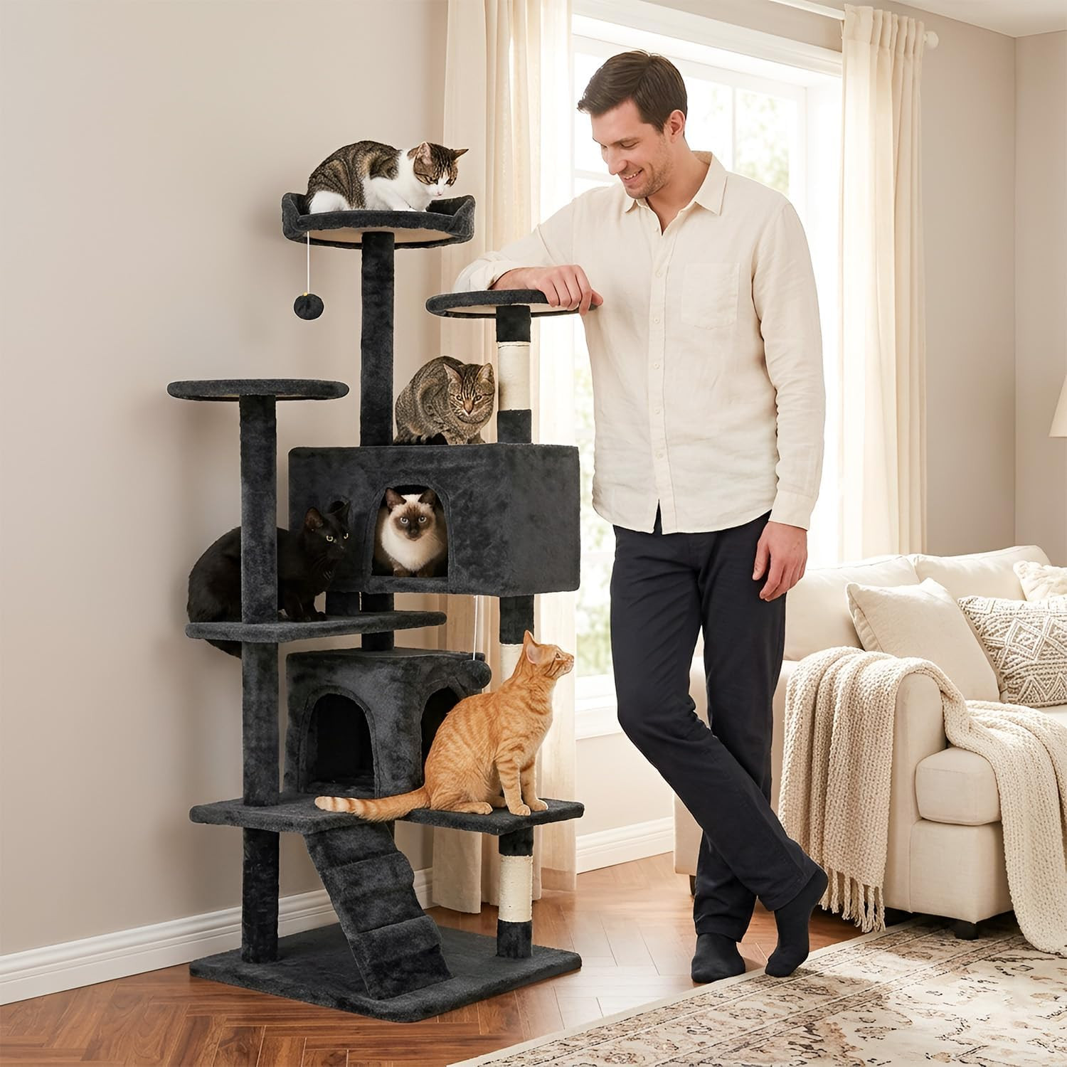 54″ Cat Tree Tower Dark Gray Sturdy, Easy to Assemble, for Kittens & Adult Cats