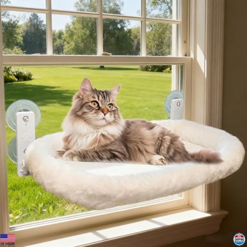 Spacious Cat Window Perch 23.8″x11.8″ – Washable Cover, 4 Suction Cups, Metal