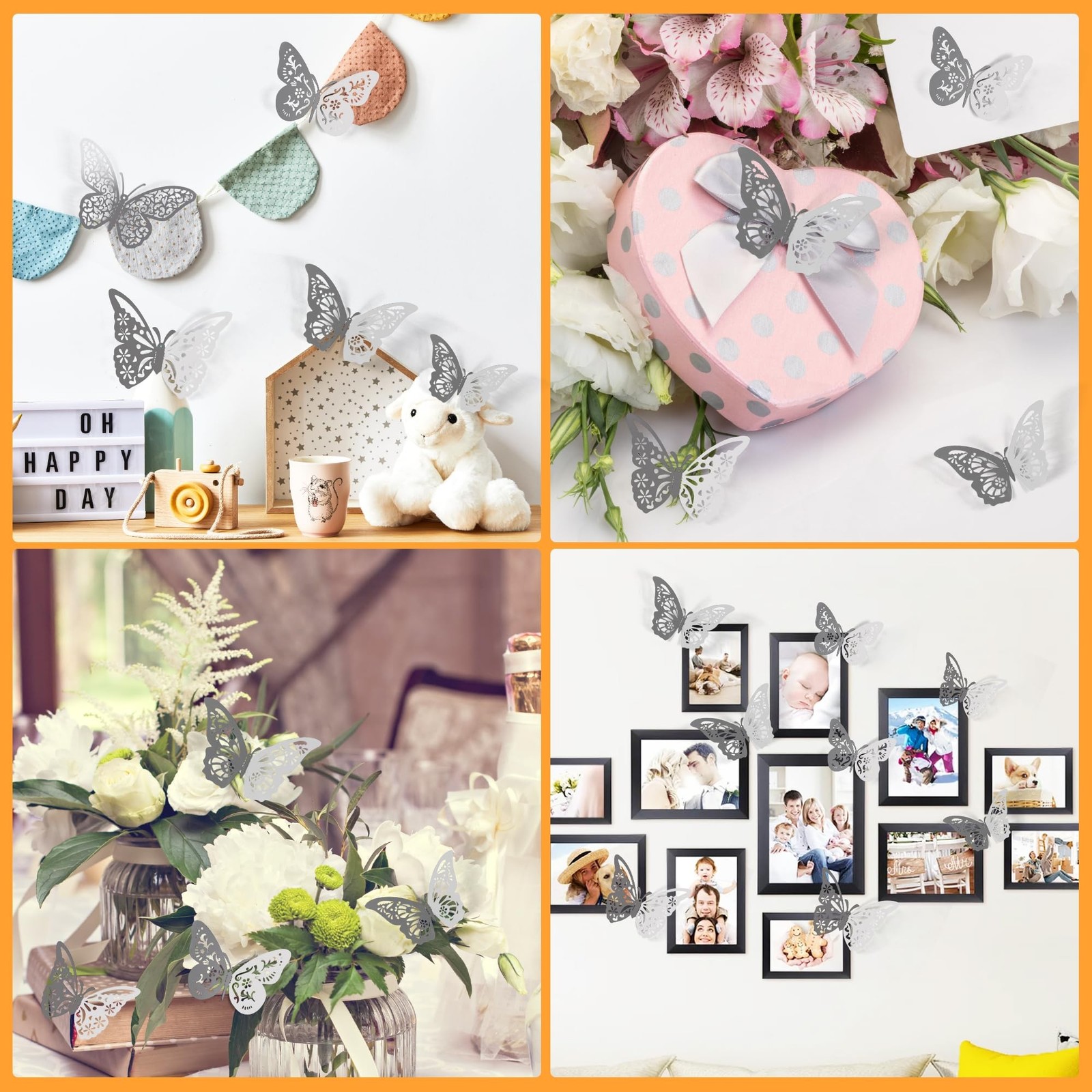 Crosize 48 Pcs Silver Butterfly Decorations, 4 Styles 3 Sizes, Wall Decor, 3D…