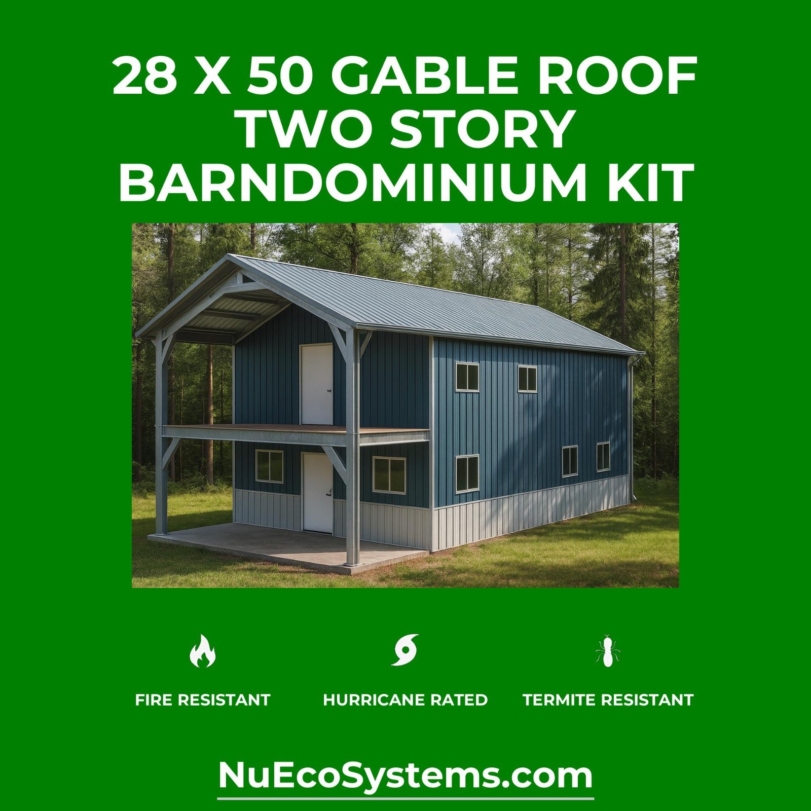 Fire & Hurricane Resistant Barndominium Home Kit with Covered Porches