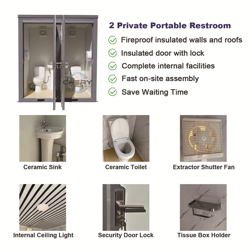 Bastone Dual Portable Restroom Mobile Toilet,2 Stall w/2 Sinks Toilets Bathroom