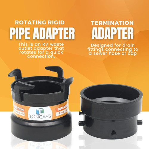 2 x Combo Pack RV Sewer Hose Fitting Adapter – PVC Connection 3 inches, Black