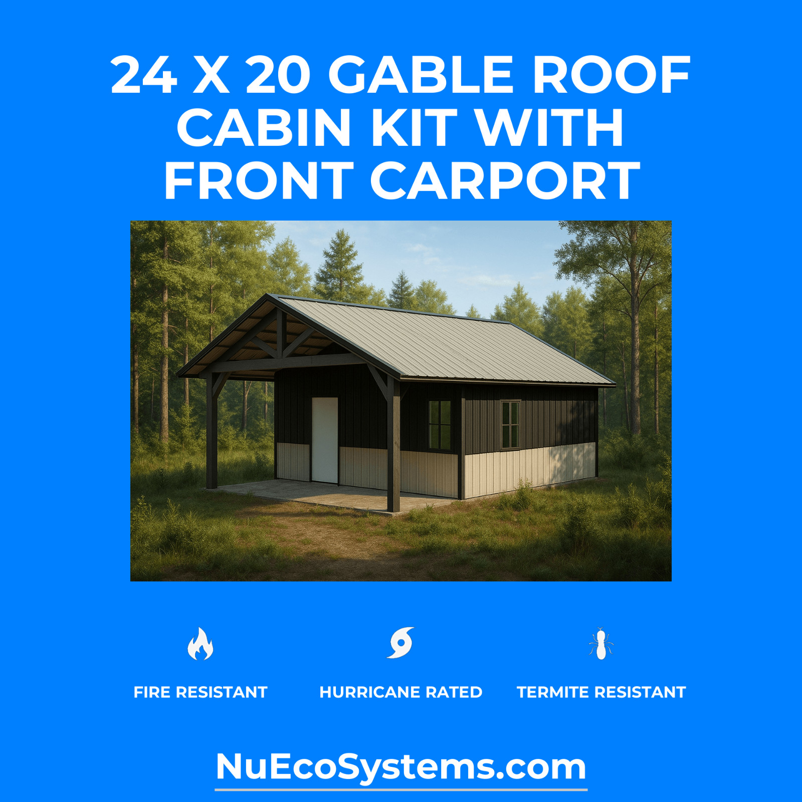 US Made Galvanized Steel 20 x 39 On & Off Grid Cabin Kit Covered Patio