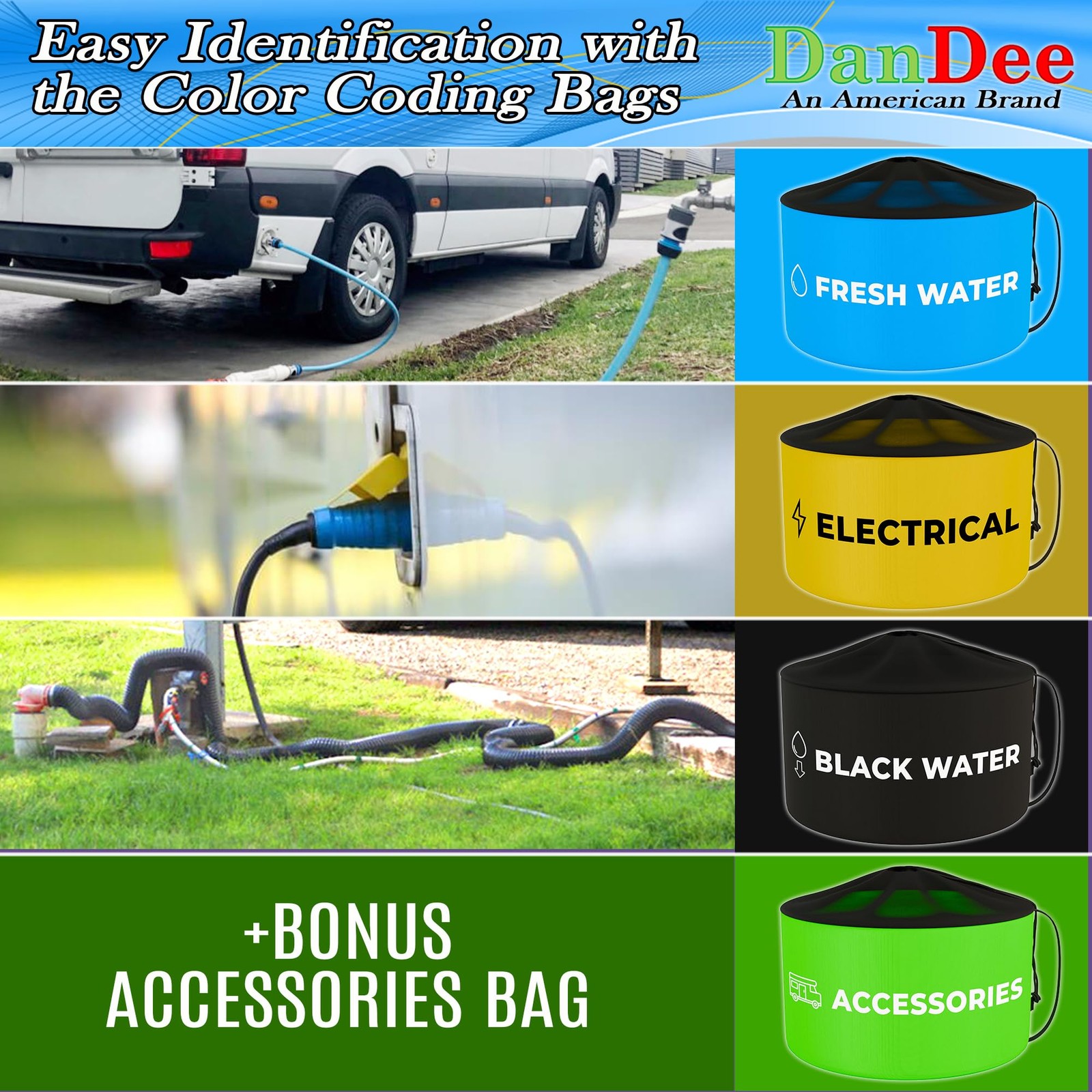 DanDee 4-PACK Waterproof Storage Bags for RV, Sewer Hose, 18″ Diameter, Black